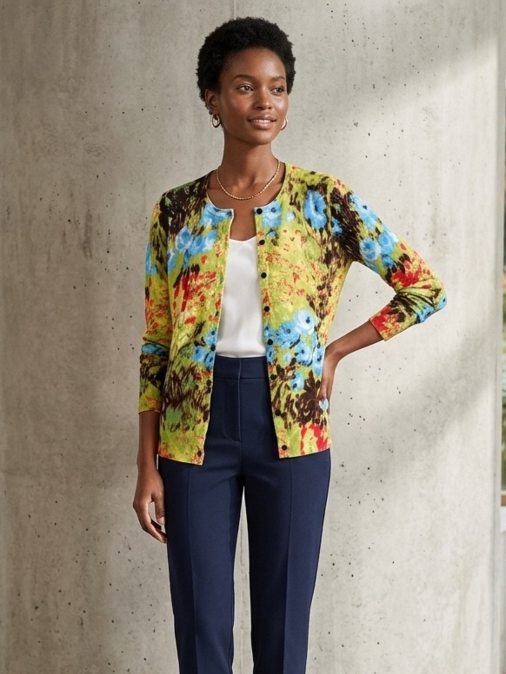 Joseph A Multicolor Floral Crewneck Cardigan - Lime, Blue, Red